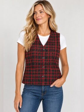 Vintage Eddie Bauer 100% Wool Plaid Vest Red Black Women’s M